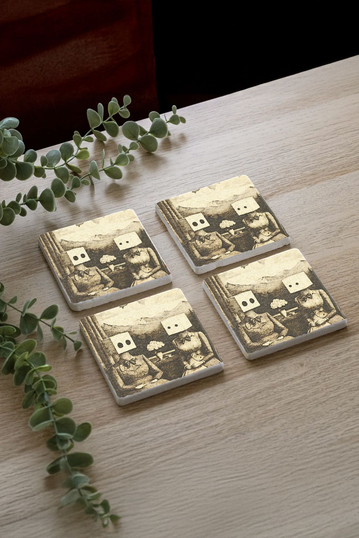 Celestara Desenleri Taş Traverten Fincan Bardak Altlığı 4'Lü Set 10X10X1Cm  Il-48