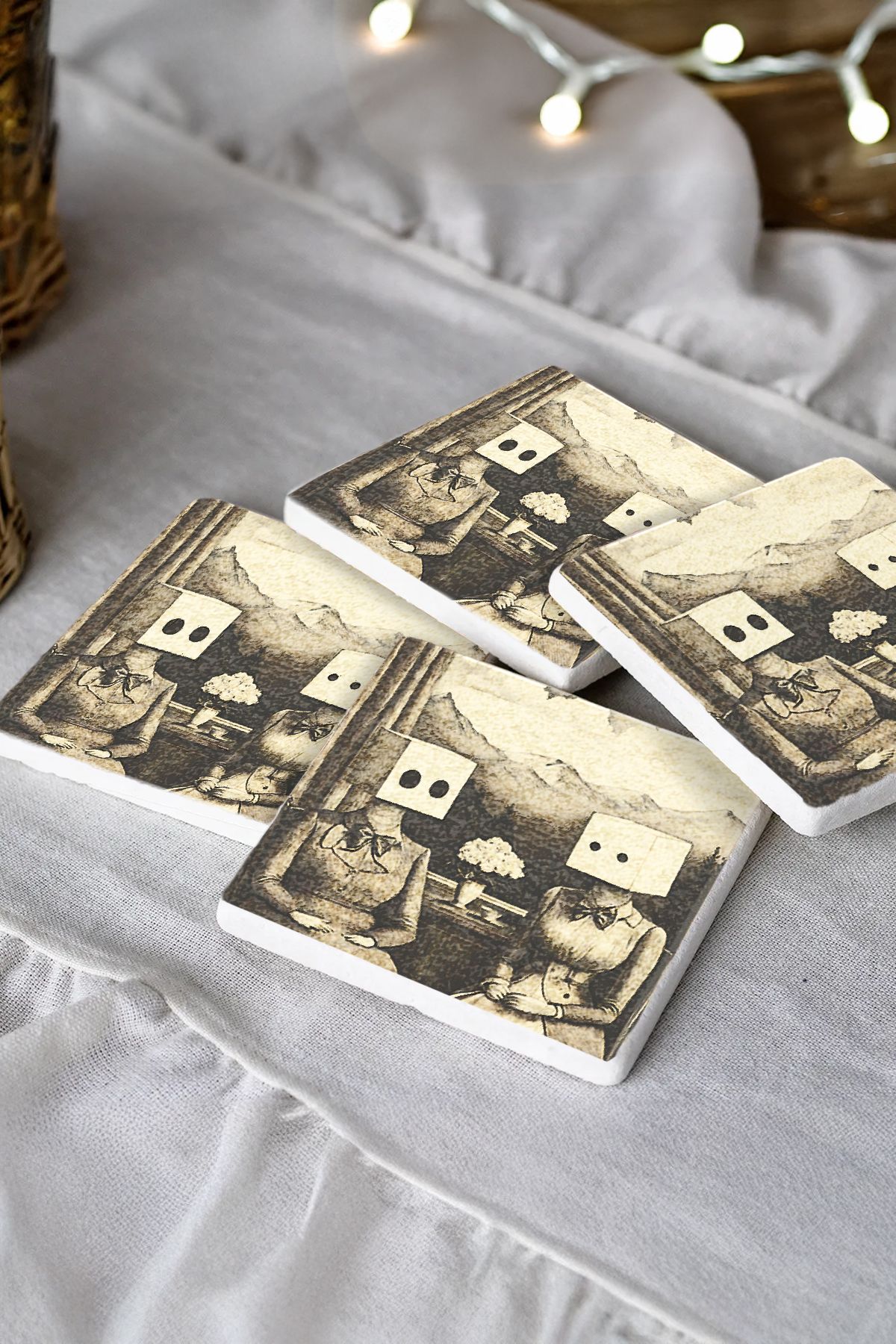 Celestara Desenleri Taş Traverten Fincan Bardak Altlığı 4'Lü Set 10X10X1Cm  Il-48