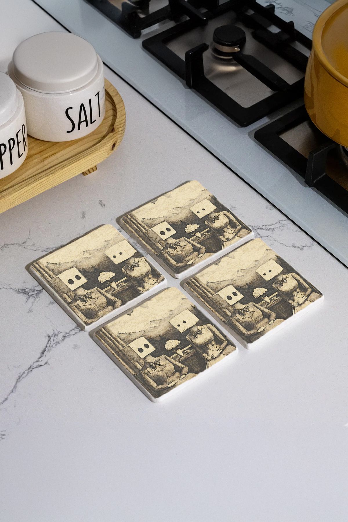 Celestara Desenleri Taş Traverten Fincan Bardak Altlığı 4'Lü Set 10X10X1Cm  Il-48