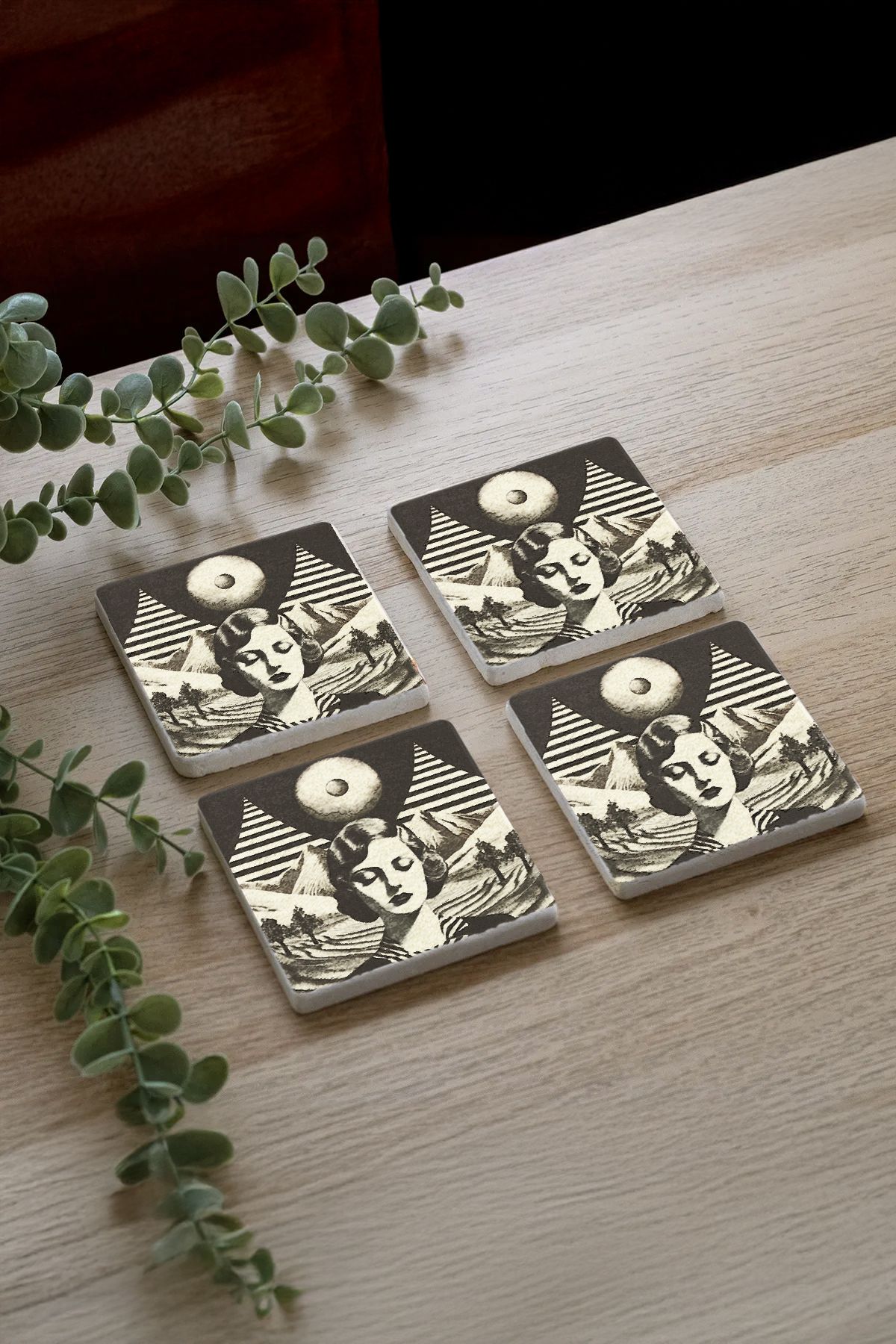 Domessira Desenleri Taş Traverten Fincan Bardak Altlığı 4'Lü Set 10X10X1Cm  Il-60