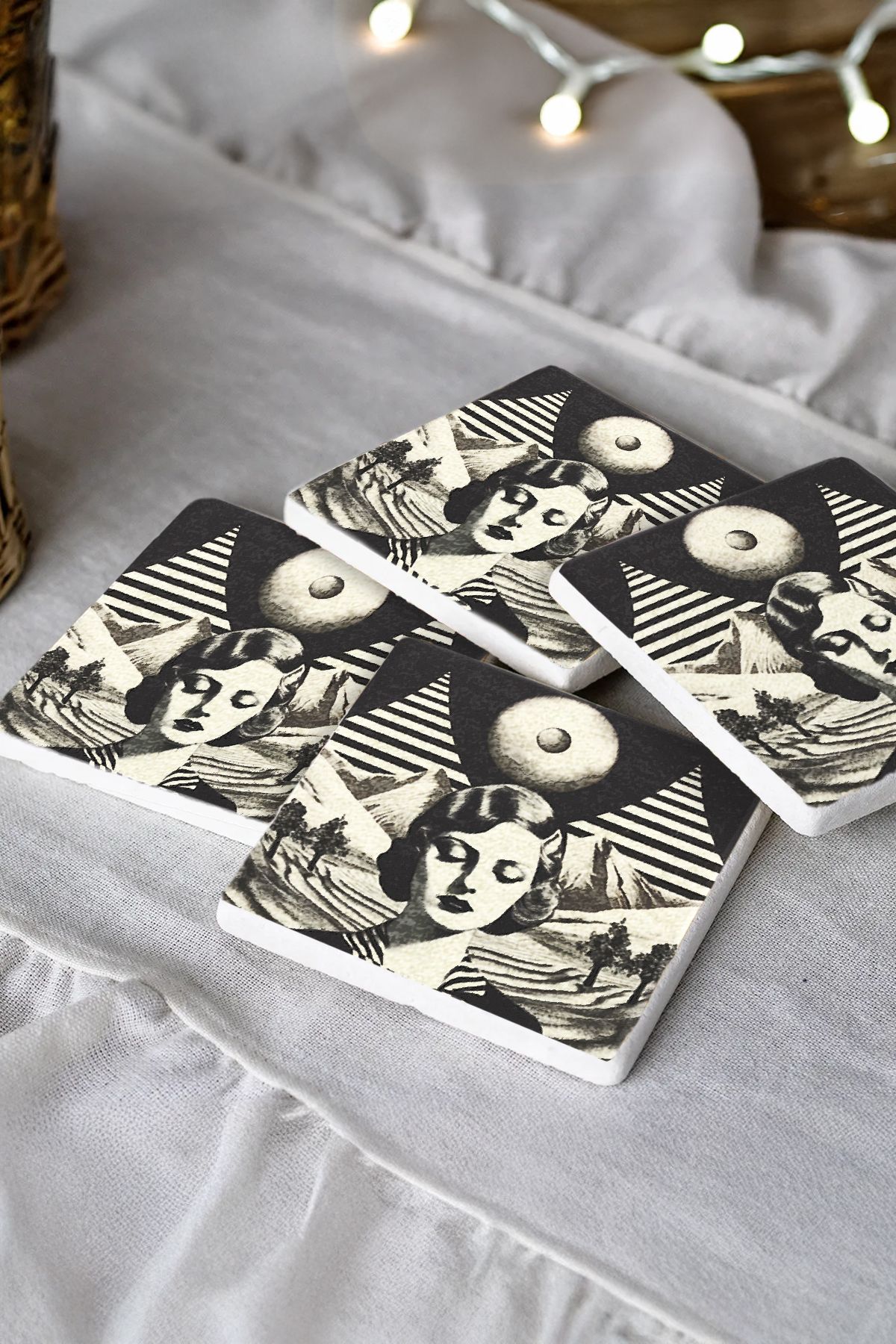 Domessira Desenleri Taş Traverten Fincan Bardak Altlığı 4'Lü Set 10X10X1Cm  Il-60