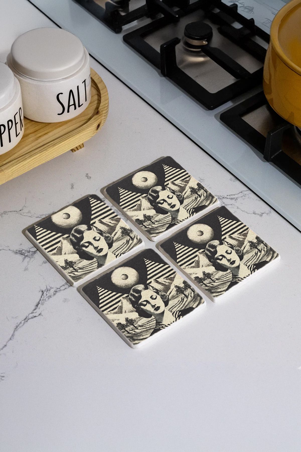 Domessira Desenleri Taş Traverten Fincan Bardak Altlığı 4'Lü Set 10X10X1Cm  Il-60