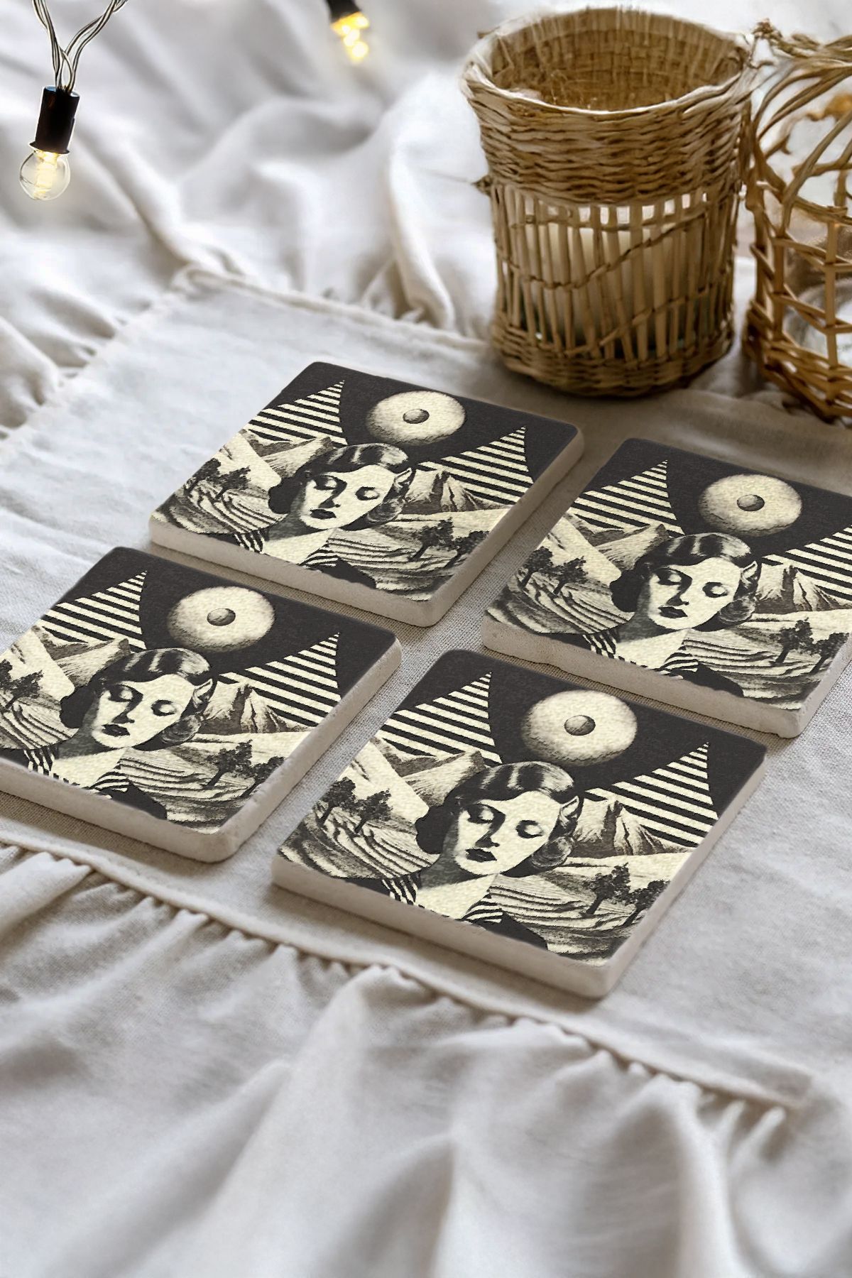 Domessira Desenleri Taş Traverten Fincan Bardak Altlığı 4'Lü Set 10X10X1Cm  Il-60