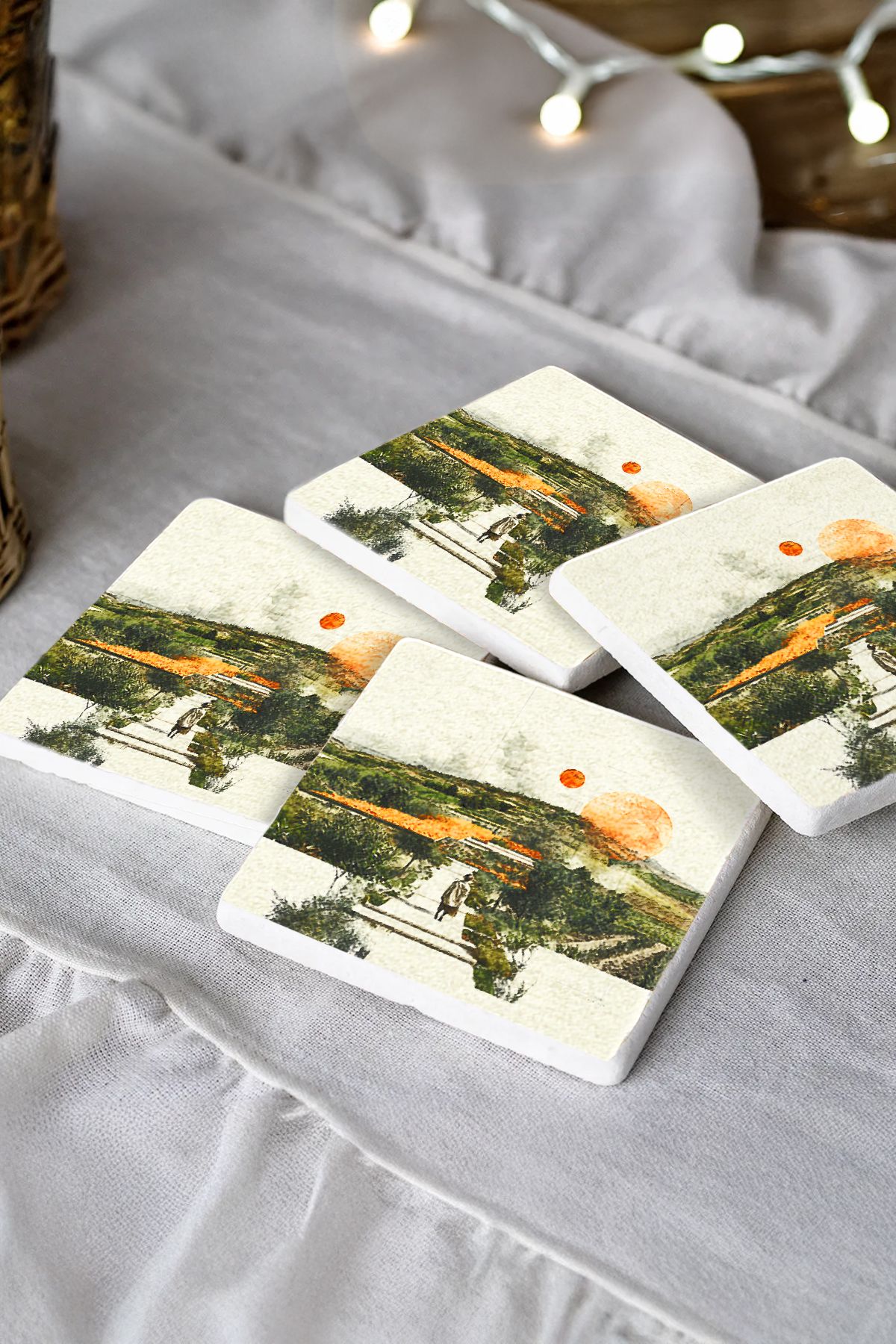 Rosantha Desenleri Taş Traverten Fincan Bardak Altlığı 4'Lü Set 10X10X1Cm  Il-39