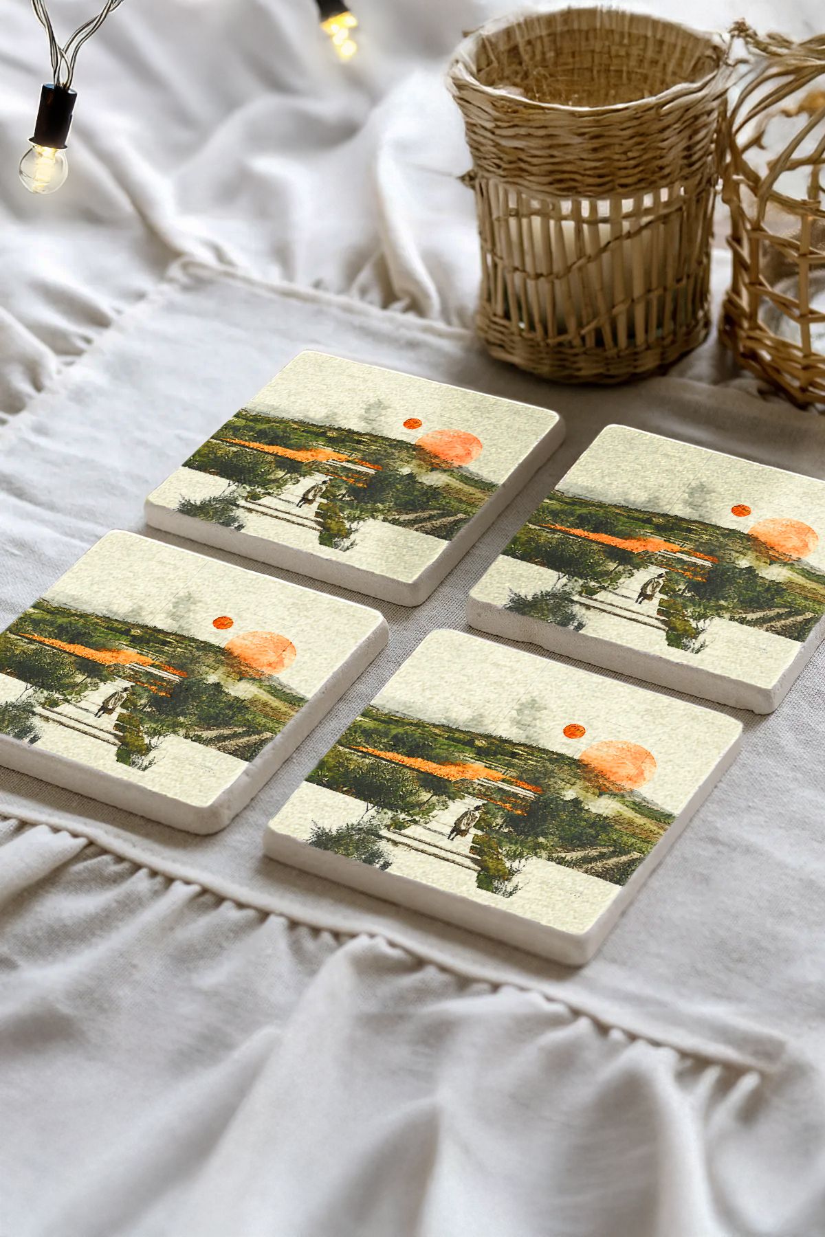 Rosantha Desenleri Taş Traverten Fincan Bardak Altlığı 4'Lü Set 10X10X1Cm  Il-39