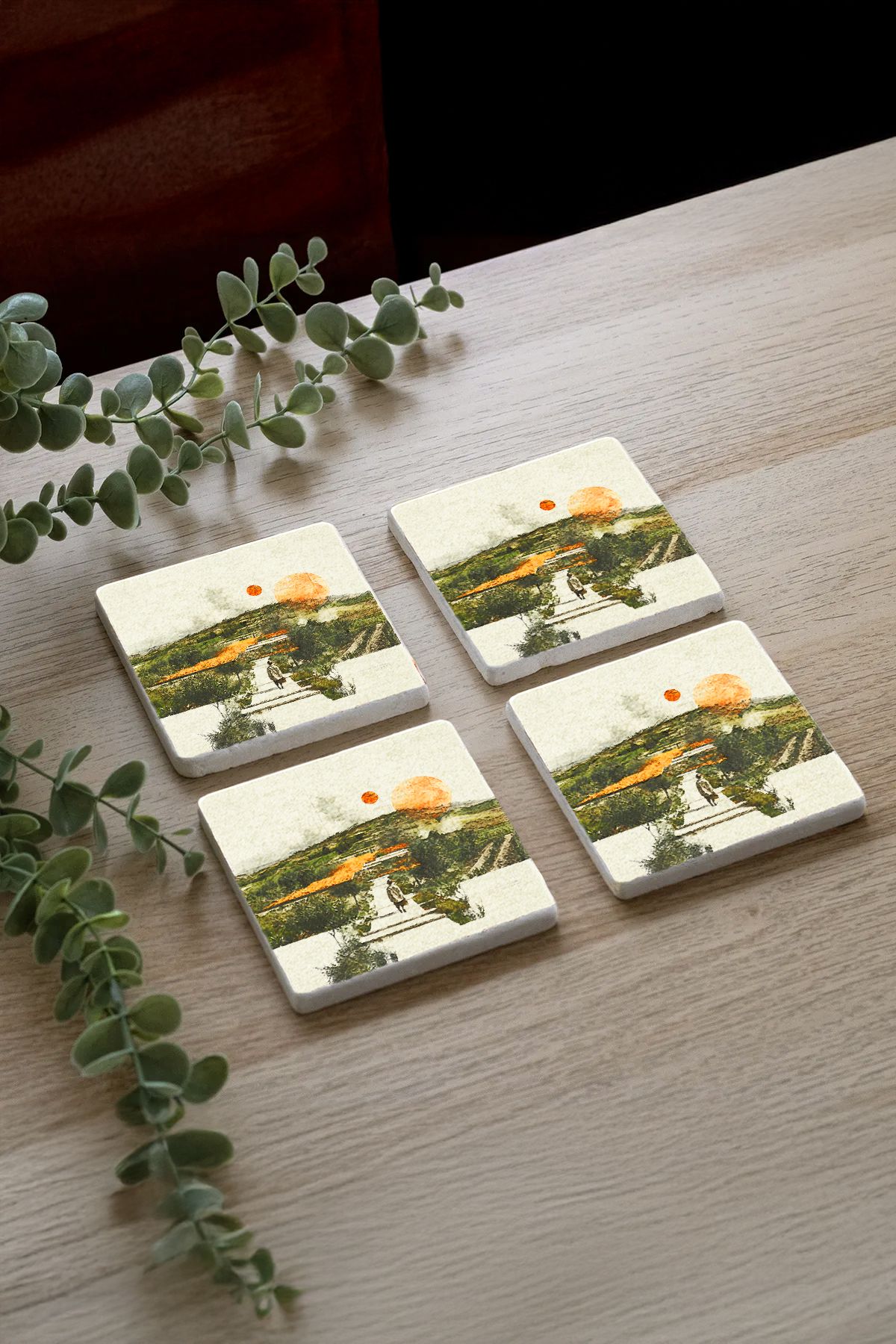 Rosantha Desenleri Taş Traverten Fincan Bardak Altlığı 4'Lü Set 10X10X1Cm  Il-39