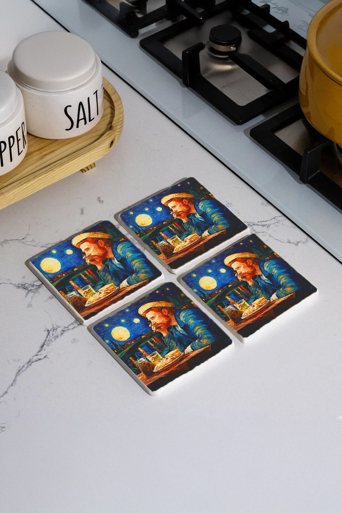Self-Portrait With Straw Hat Mozaik Desenleri Taş Traverten Fincan Bardak Altlığı 4'Lü Set 10X10X1Cm  Il-32