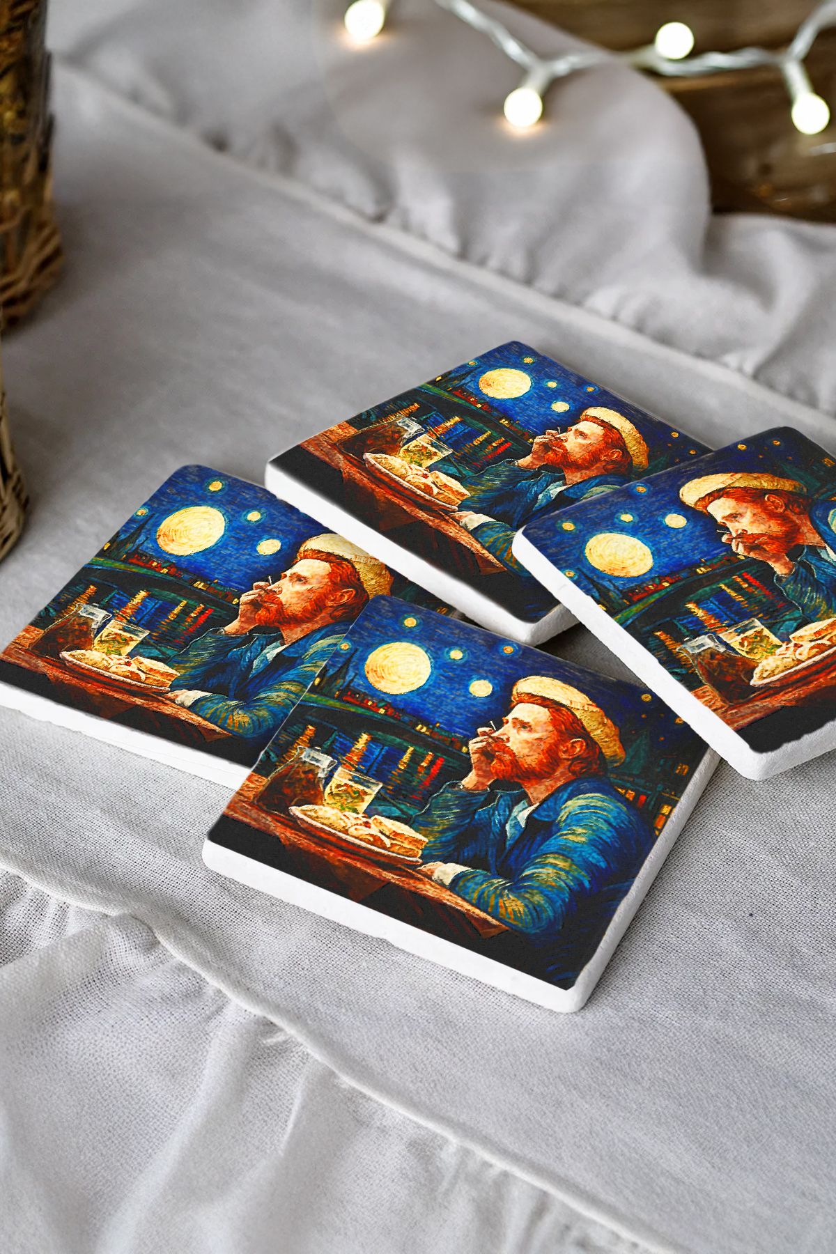 Self-Portrait With Straw Hat Mozaik Desenleri Taş Traverten Fincan Bardak Altlığı 4'Lü Set 10X10X1Cm  Il-32