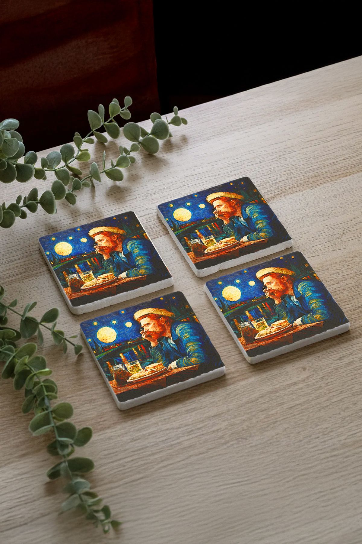 Self-Portrait With Straw Hat Mozaik Desenleri Taş Traverten Fincan Bardak Altlığı 4'Lü Set 10X10X1Cm  Il-32