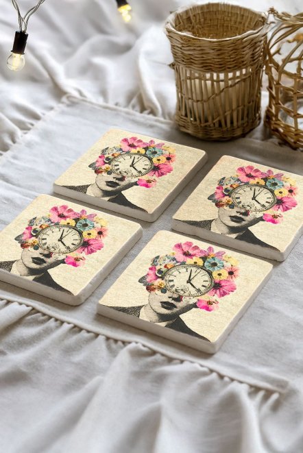 Carmiretta Desenleri Taş Traverten Fincan Bardak Altlığı 4'Lü Set 10X10X1Cm  Il-50