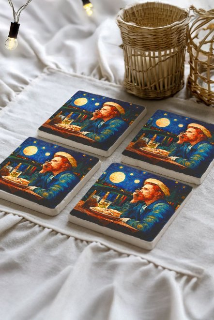 Self-Portrait With Straw Hat Mozaik Desenleri Taş Traverten Fincan Bardak Altlığı 4'Lü Set 10X10X1Cm  Il-32