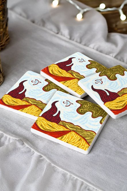 Wheatfield With Cypresses Mozaik Desenleri Taş Traverten Fincan Bardak Altlığı 4'Lü Set 10X10X1Cm  Il-31