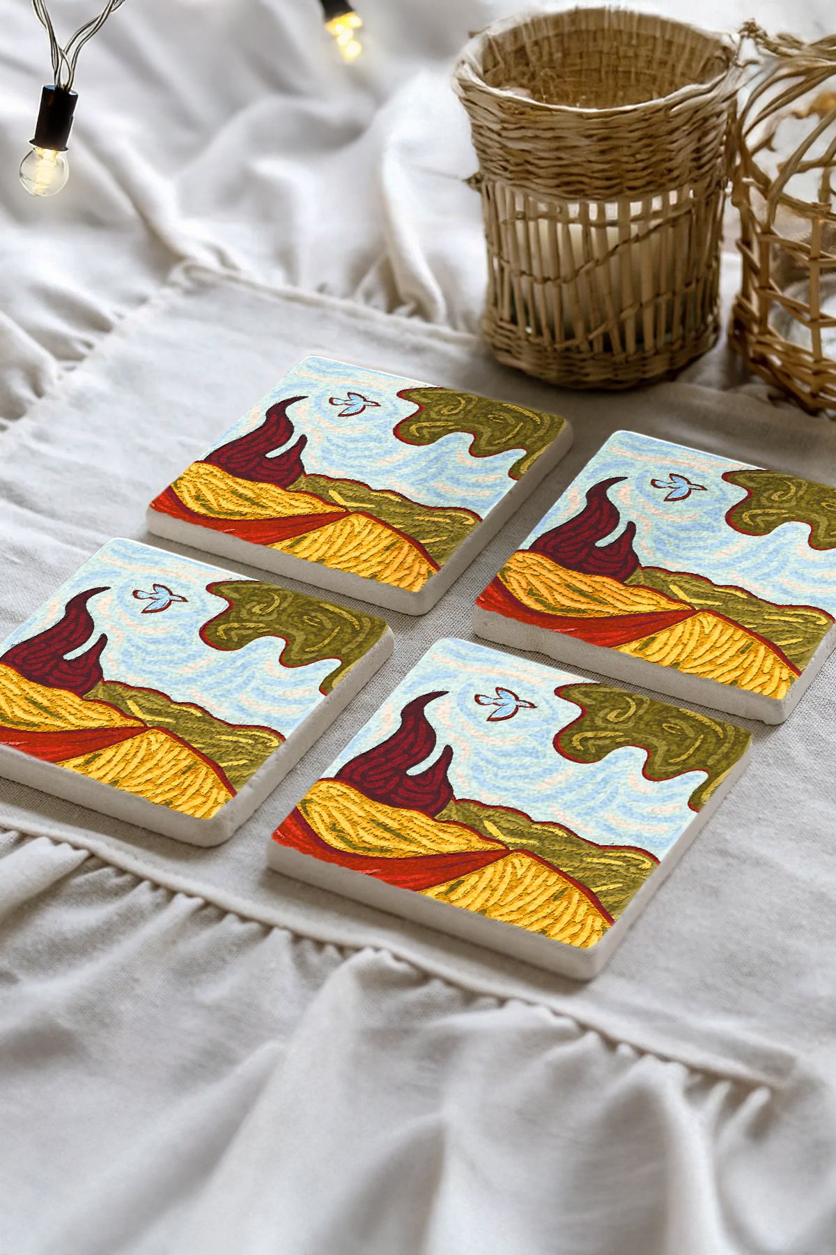 Wheatfield With Cypresses Mozaik Desenleri Taş Traverten Fincan Bardak Altlığı 4'Lü Set 10X10X1Cm  Il-31