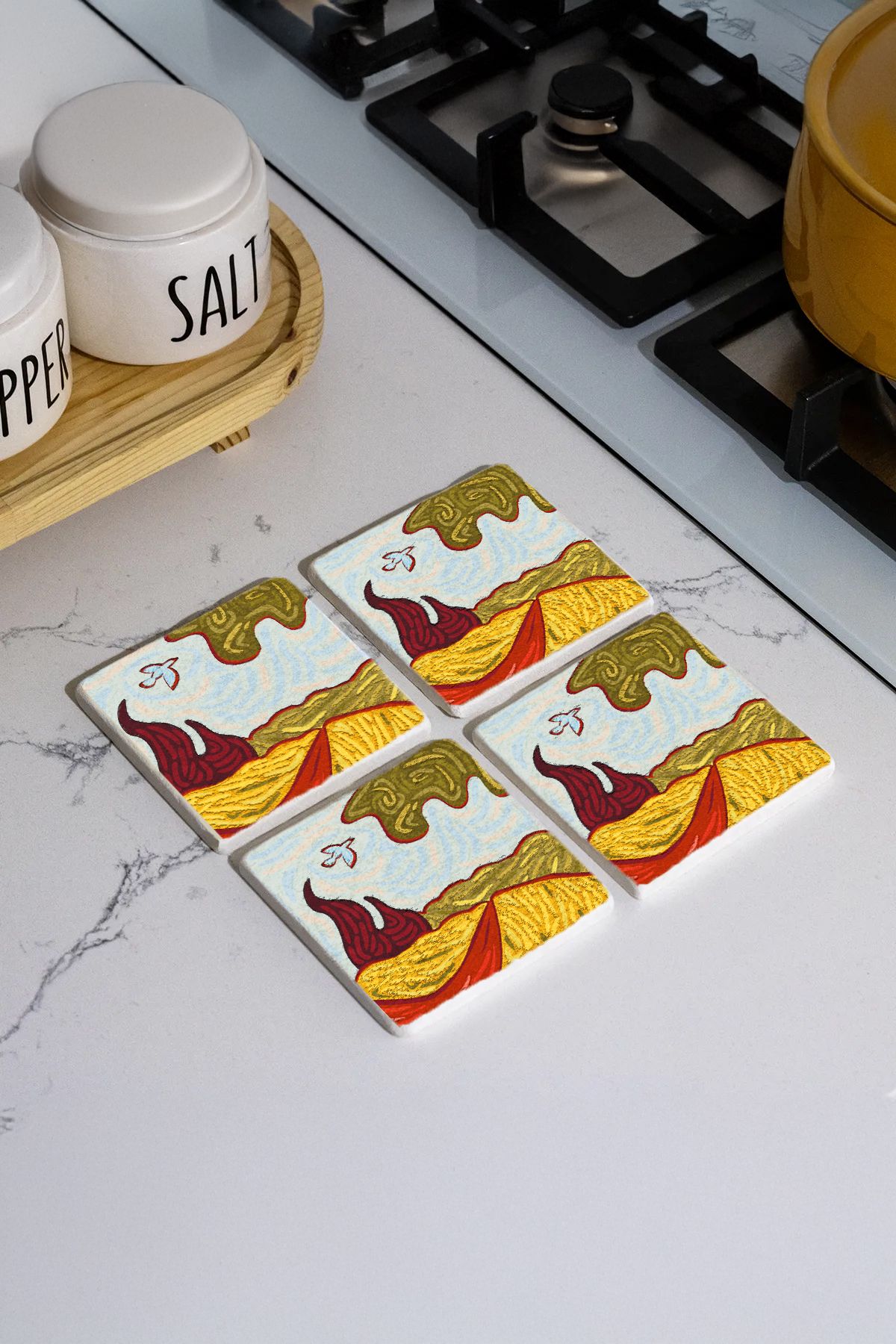 Wheatfield With Cypresses Mozaik Desenleri Taş Traverten Fincan Bardak Altlığı 4'Lü Set 10X10X1Cm  Il-31