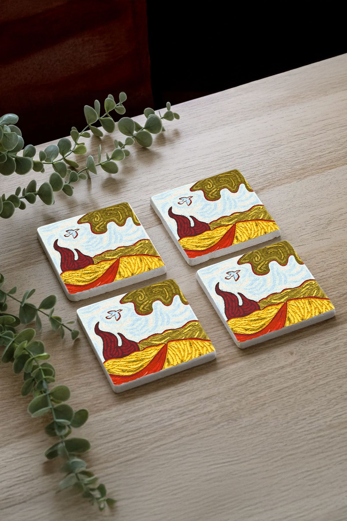 Wheatfield With Cypresses Mozaik Desenleri Taş Traverten Fincan Bardak Altlığı 4'Lü Set 10X10X1Cm  Il-31